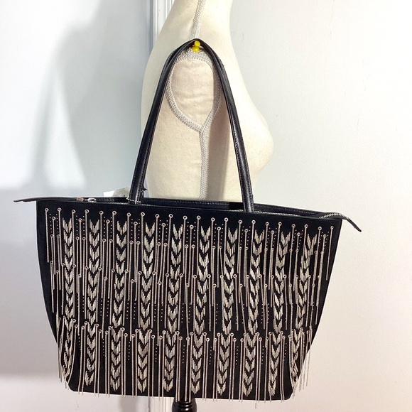 NWT CROMIA WOMAN'S LARGE LEATHER SUEDE TOTE BLACK  BAG FRINGE CHAINS AT FRONT - Picture 1 of 16